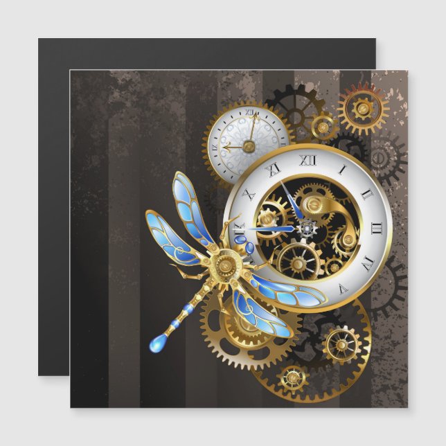 Invitation Magnétique Horloge à vapeur avec libellule mécanique (Devant / Derrière)