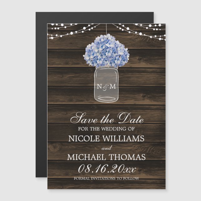 Invitation Magnétique Hydrangea Mason Jar Barn Wood Sauvez la date (Devant / Derrière)