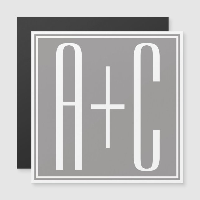 Invitation Magnétique Initiales de couples modifiables | Blanc et gris (Devant / Derrière)