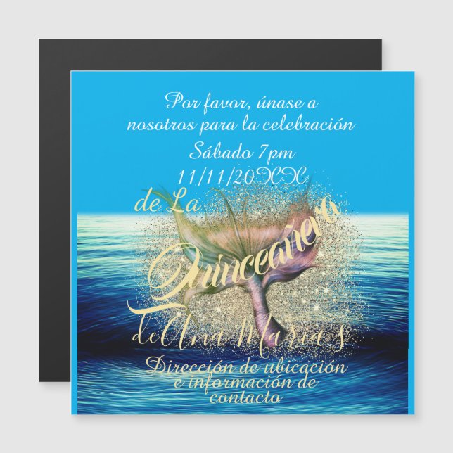 Invitation Magnétique Invitación de fiesta de cumpleaños de la sirena (Devant / Derrière)