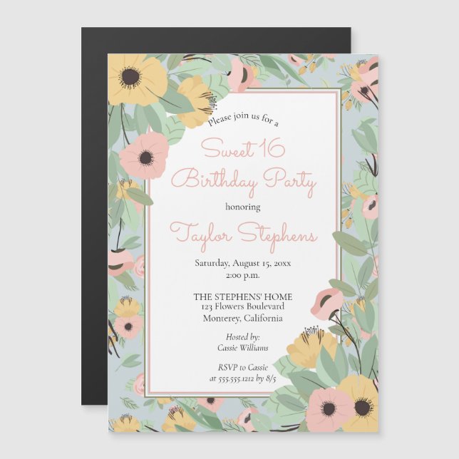 Invitation Magnétique Jardin Floral rose | Bouquet jaune Doux 16 Parti (Devant / Derrière)