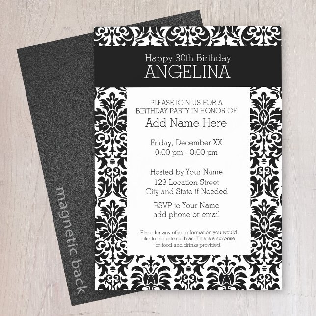 Invitation Magnétique Joyeux anniversaire avec un damas noir et blanc te (Black lace birthday party invitation - magnetic back)