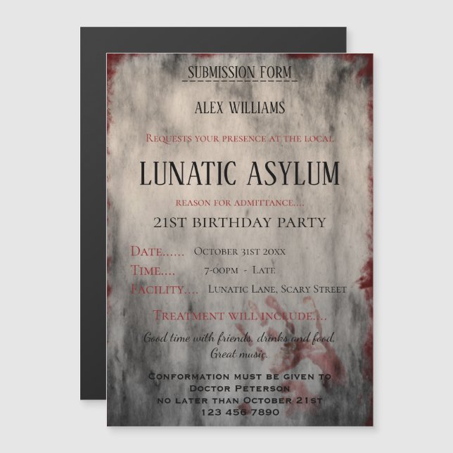 Invitation Magnétique L'anniversaire de l'asile lunatique (Devant / Derrière)