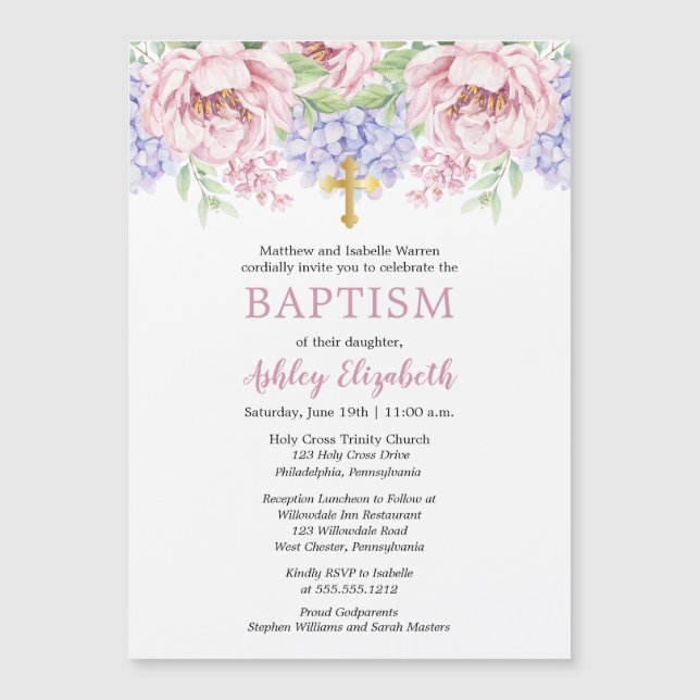 Invitation Magnétique Les pivoines | Hydrangée Aquarelle Baptême Floral (Devant)