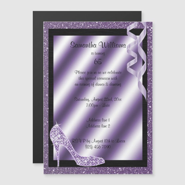 Invitation Magnétique Lilac Glittery Stiletto & Streamers 65e anniversai (Devant / Derrière)