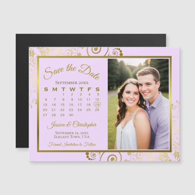 Invitation Magnétique Lilac Purple Gold Calendrier Photo Date d'enregist (Devant / Derrière)