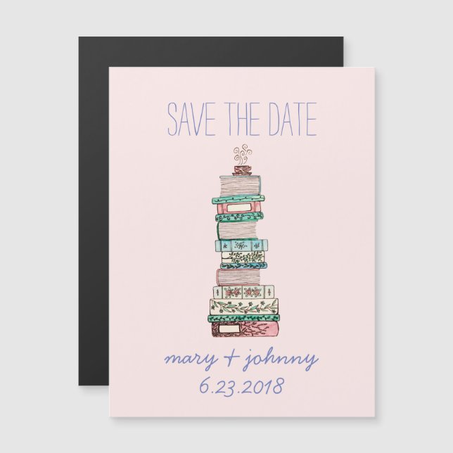 Invitation Magnétique Livres & Blossoms Enregistrer la date (magnétique) (Devant / Derrière)