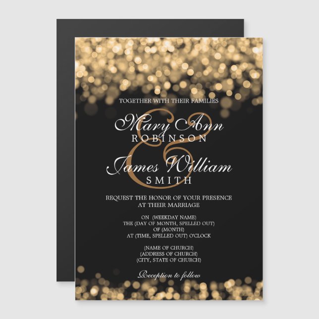 Invitation Magnétique Lumières Or Mariage Élégant (Devant / Derrière)