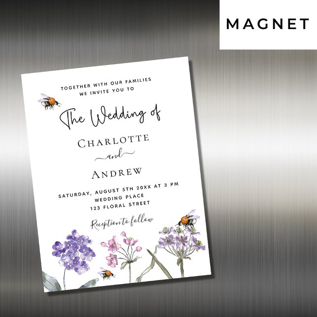 Invitation Magnétique Luxe d'abeille mariage fleur sauvage violet rose (Créateur téléchargé)