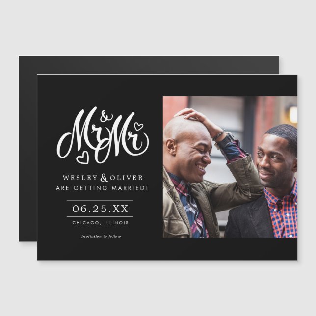 Invitation Magnétique M. & Mr Script - Enregistrer la date avec la photo (Devant / Derrière)
