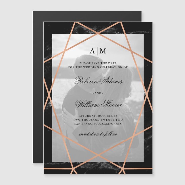 Invitation Magnétique Marbre géométrique et noir | Photo Enregistrer La  (Devant / Derrière)