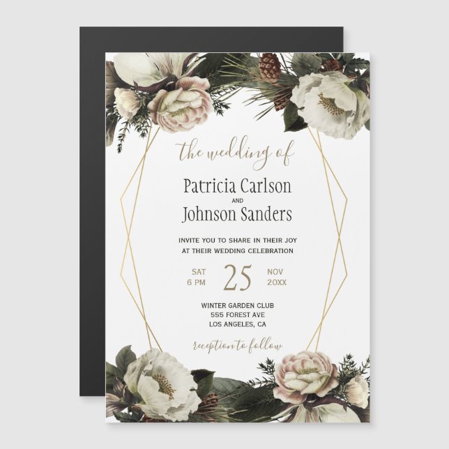 Invitation Magnétique Mariage à cadre géométrique blanc pour les pivoine (Devant / Derrière)