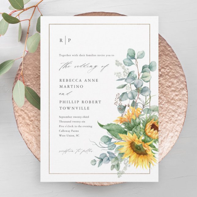 Invitation Magnétique Mariage au tournesol eucalyptus moderne (A modern, elegant hand-painted sunflower eucalyptus wedding magnetic invitation.)