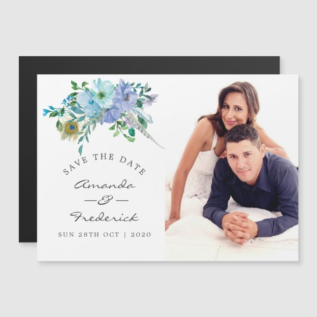 Invitation Magnétique Mariage Bohème Floral Mint et Bleu Enregistrer la  (Devant / Derrière)
