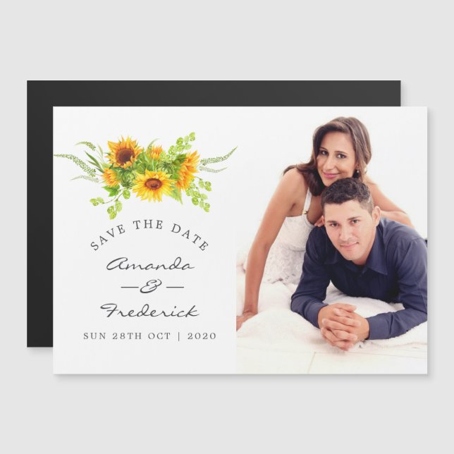 Invitation Magnétique Mariage Bohème Sunflowers Enregistrer la Date (Devant / Derrière)