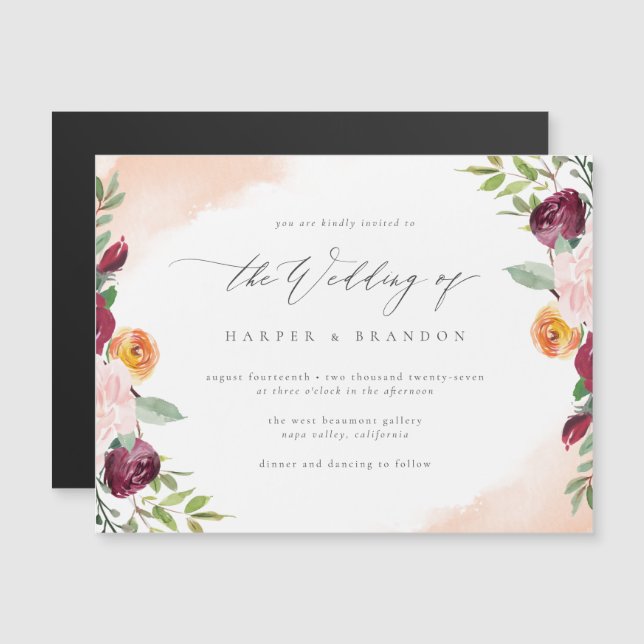 Invitation Magnétique Mariage botanique floral Burgundy Classy (Devant / Derrière)