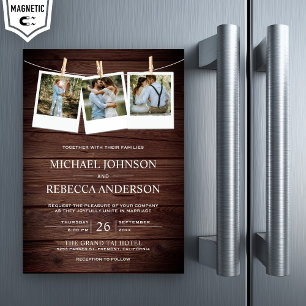 Invitation Magnétique Mariage Collage Photo Bois Grange de Campagne Rust