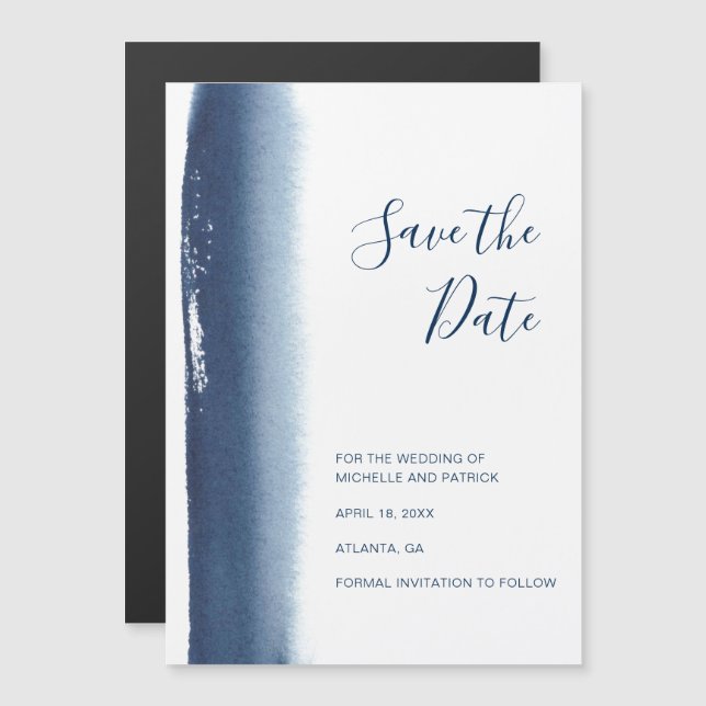Invitation Magnétique Mariage couleur bleu marine moderne Enregistrer la (Devant / Derrière)