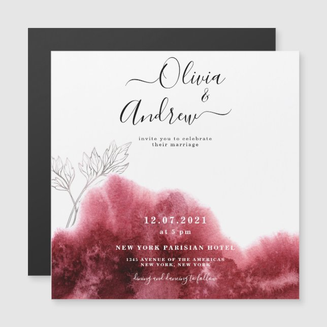 Invitation Magnétique Mariage d'aquarelle botanique en argent rouge de B (Devant / Derrière)