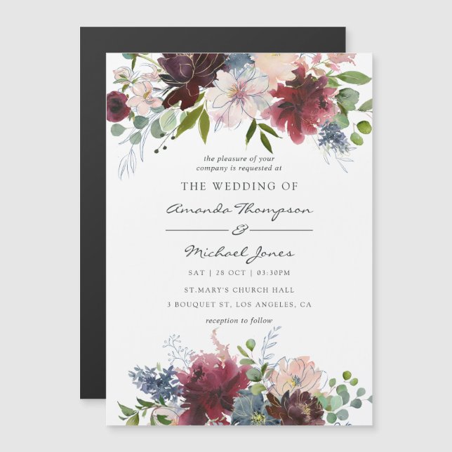 Invitation Magnétique Mariage d'aquarelle de la Bourgogne et de la marin (Devant / Derrière)