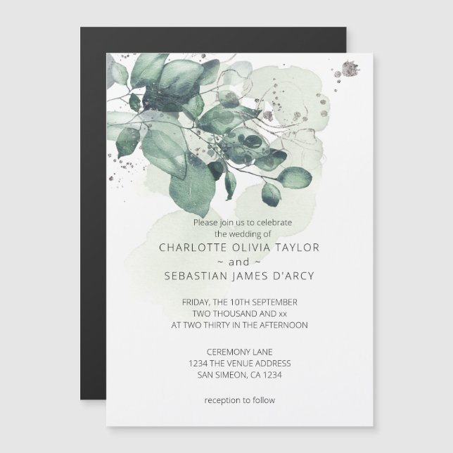 Invitation Magnétique Mariage de bouquet feuille vert aquarelle (Devant / Derrière)