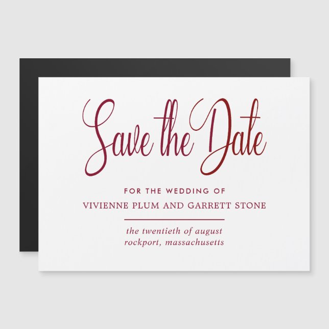 Invitation Magnétique Mariage de calligraphie bordeaux et blanc Enregist (Devant / Derrière)
