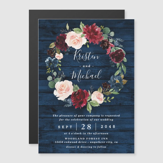 Invitation Magnétique Mariage de couronnes bleu marine bleu bordeaux ble (Devant / Derrière)