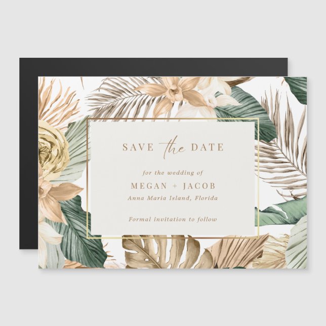 Invitation Magnétique Mariage de la plage de la feuille tropicale Enregi (Devant / Derrière)
