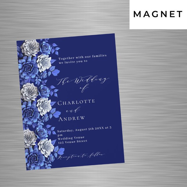 Invitation Magnétique Mariage de luxe de scénario florale bleu marine (Créateur téléchargé)