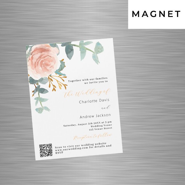 Invitation Magnétique mariage de luxe rose or fleurie QR RSVP (Créateur téléchargé)