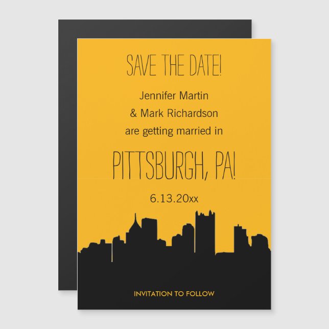 Invitation Magnétique Mariage de Pittsburgh noir et or Sauvez la date (Devant / Derrière)