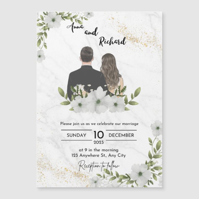 Invitation Magnétique Mariage d'illustration blanc et vert (Devant)