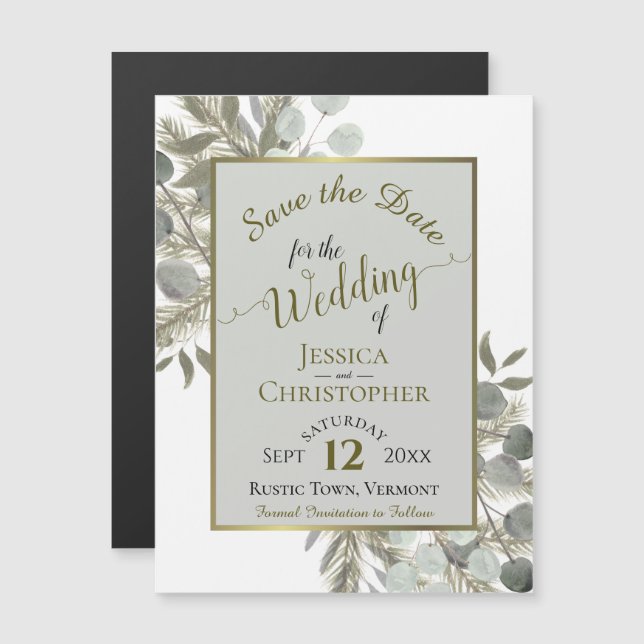Invitation Magnétique Mariage Enregistrer la date Gold Pine & Greenery G (Devant / Derrière)