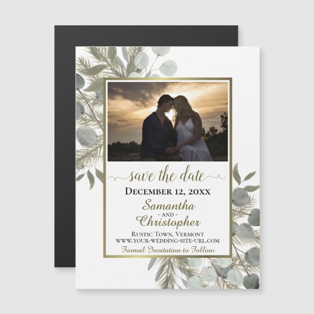 Invitation Magnétique Mariage Eucalyptus de pin Enregistrer la date Phot (Devant / Derrière)