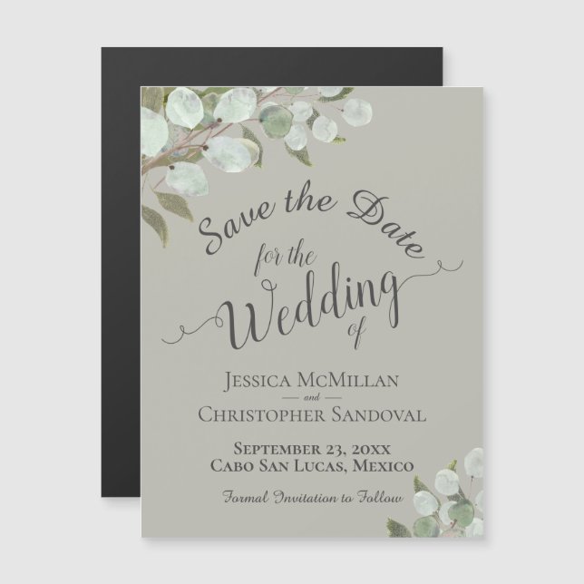Invitation Magnétique Mariage Eucalyptus Enregistrer la date Calligraphi (Devant / Derrière)