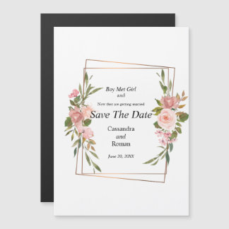 Invitation Magnétique Mariage Fleuris Or et Rose Enregistrer la Date