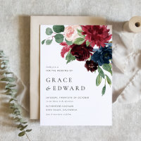 Mariage floral aquarelle bordeaux et bleu marine