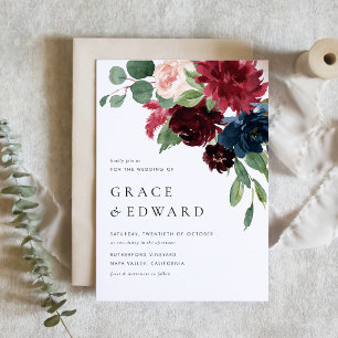 Invitation Magnétique Mariage floral aquarelle bordeaux et bleu marine
