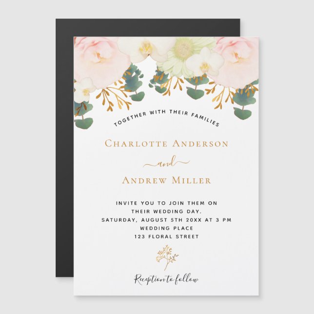 Invitation Magnétique Mariage floral blanc rose or verdure (Devant / Derrière)