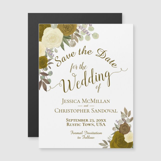 Invitation Magnétique Mariage floral en or rustique Enregistrer la date (Devant / Derrière)