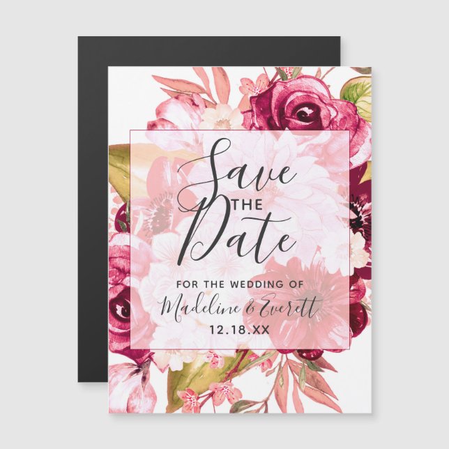 Invitation Magnétique Mariage floral rose bordeaux et bleu Enregistrer l (Devant / Derrière)