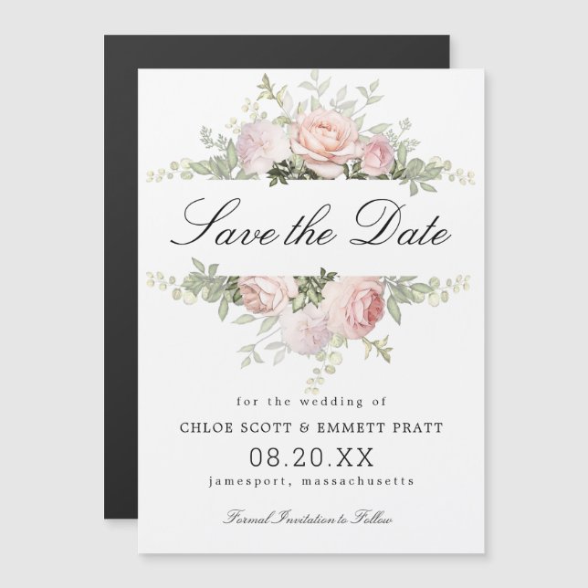 Invitation Magnétique Mariage floral rose et blanc Enregistrer la date (Devant / Derrière)