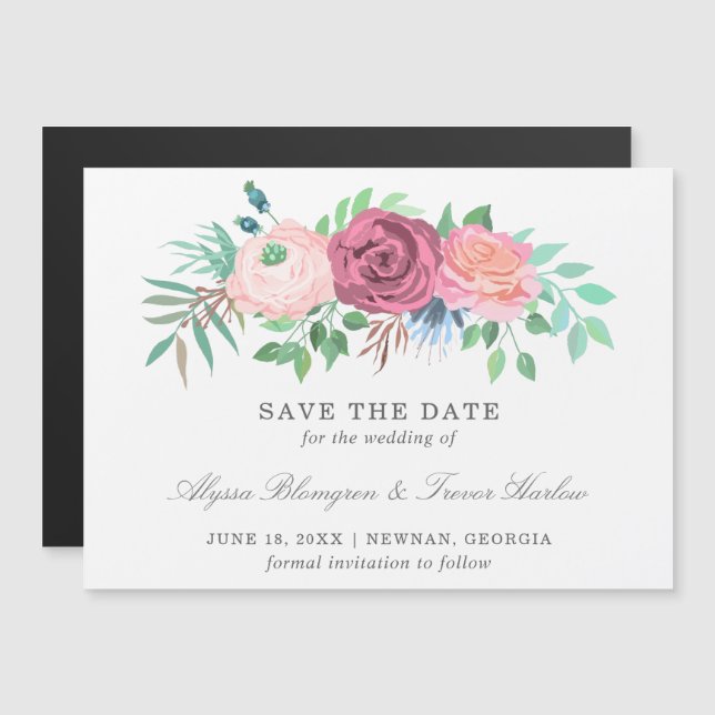 Invitation Magnétique Mariage floral rose non photo Enregistrer la date (Devant / Derrière)