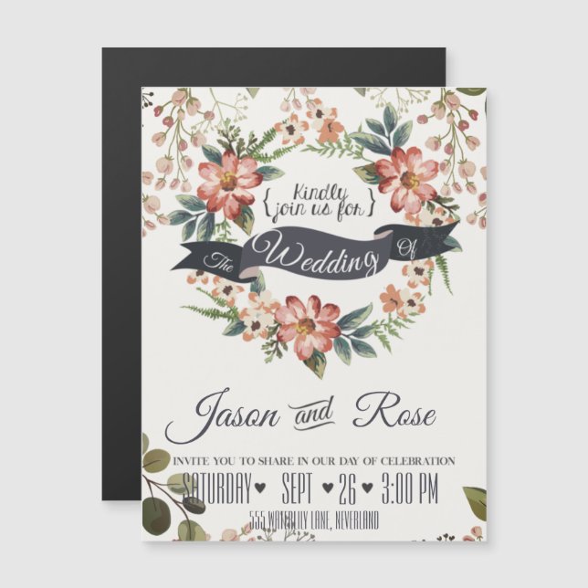 Invitation Magnétique Mariage floral simple (Devant / Derrière)
