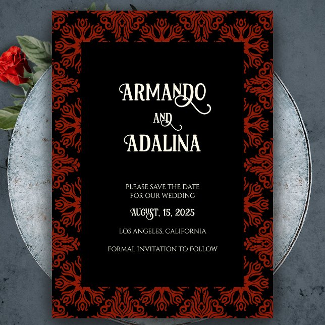 Invitation Magnétique Mariage gothique noir et rouge floral Enregistrer  (Black and Red Floral Gothic Wedding Save the Date Magnetic Invitation)