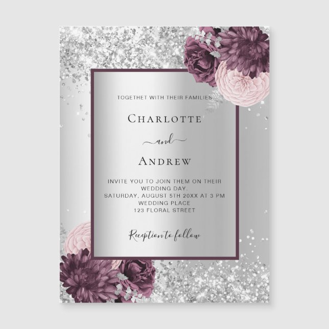 Invitation Magnétique Mariage luxueux et élégant à fleurs bordeaux argen (Devant)