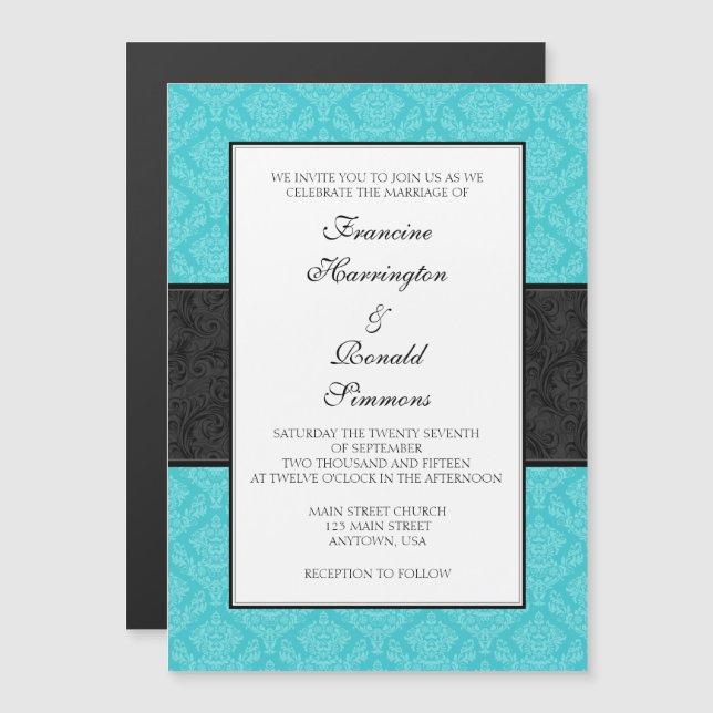 Invitation Magnétique Mariage magnétique Turquoise Noir Damas Invite (Devant / Derrière)