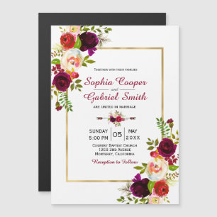 Invitation Magnétique Mariage moderne Chich Burgundy Floral Gold Frame