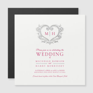 Invitation Magnétique Mariage monogramme de couronne de coeur argenté