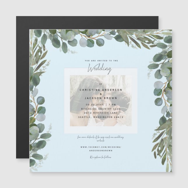 Invitation Magnétique Mariage photo Blue Eucalyptus Foliage (Devant / Derrière)